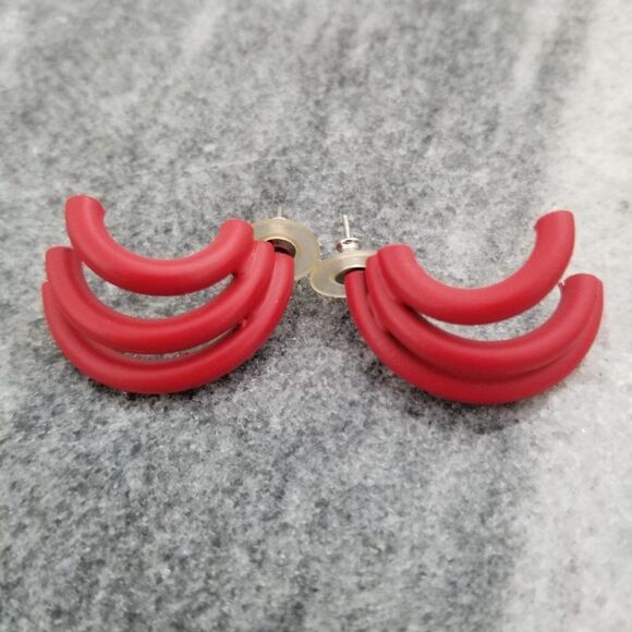 Vintage Funky Red Modernist Post Earrings, Retro 80s Style - Picture 2 of 4